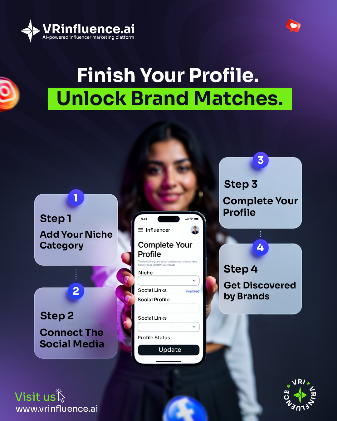 VRI platform showing steps for creators to complete profiles and connect with brands.