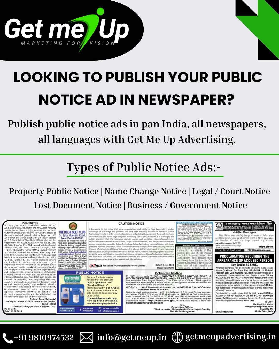Public Notice Ad in Newspaper- Get Me Up Advertising
Public Notice ads are legally required for property matters, name changes, and declarations. We ensure correct format and newspaper selection to avoid rejection.
for more:-
Get Me Up Advertising:- https://getmeupadvertising.in/Book-Public-Notice-Ad-in-Newspaper.html
Getmeupads:- https://www.getmeupads.in/Book-Public-Notice-Ad-in-Newspaper
Why Get Me Up Advertising?
✔️ PAN India newspaper coverage
✔️ Expert drafting & fast publication
✔️ All ad categories under one roof
Book your Public Notice Ad today!
Contact: 📞 +91-9810974532 | 📩 info@getmeup.in
🌐 www.getmeupadvertising.in | 🌐 www.getmeupads.in
#PublicNotice #LegalAds #PropertyNotice #namechangenewspaperad #Newspaperpublicnoticead #newspaperpropertyads #courtnoticenewspaperad #newspaperlegalads #lostdocumentnewspaperads #newspaperadagency #newspaperadagencyinDelhi #newspaperadagencyinMumbai #GetMeUpAdvertising