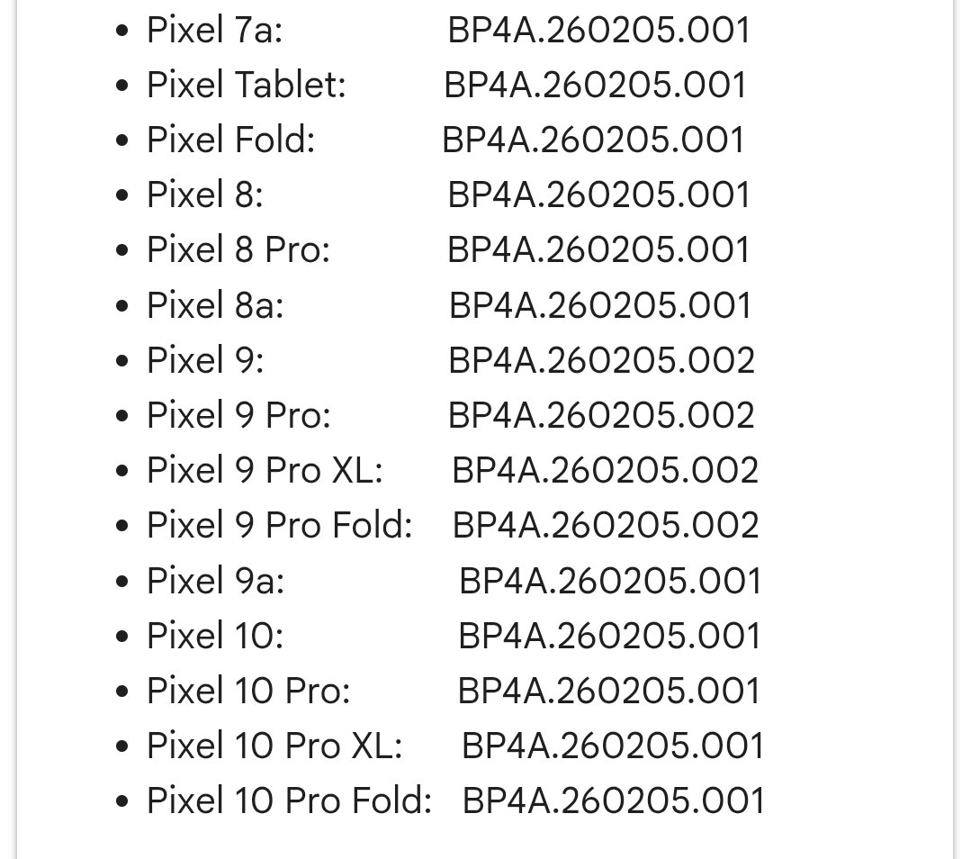 Google Pixel devices receiving the February 2026 monthly Android security update.