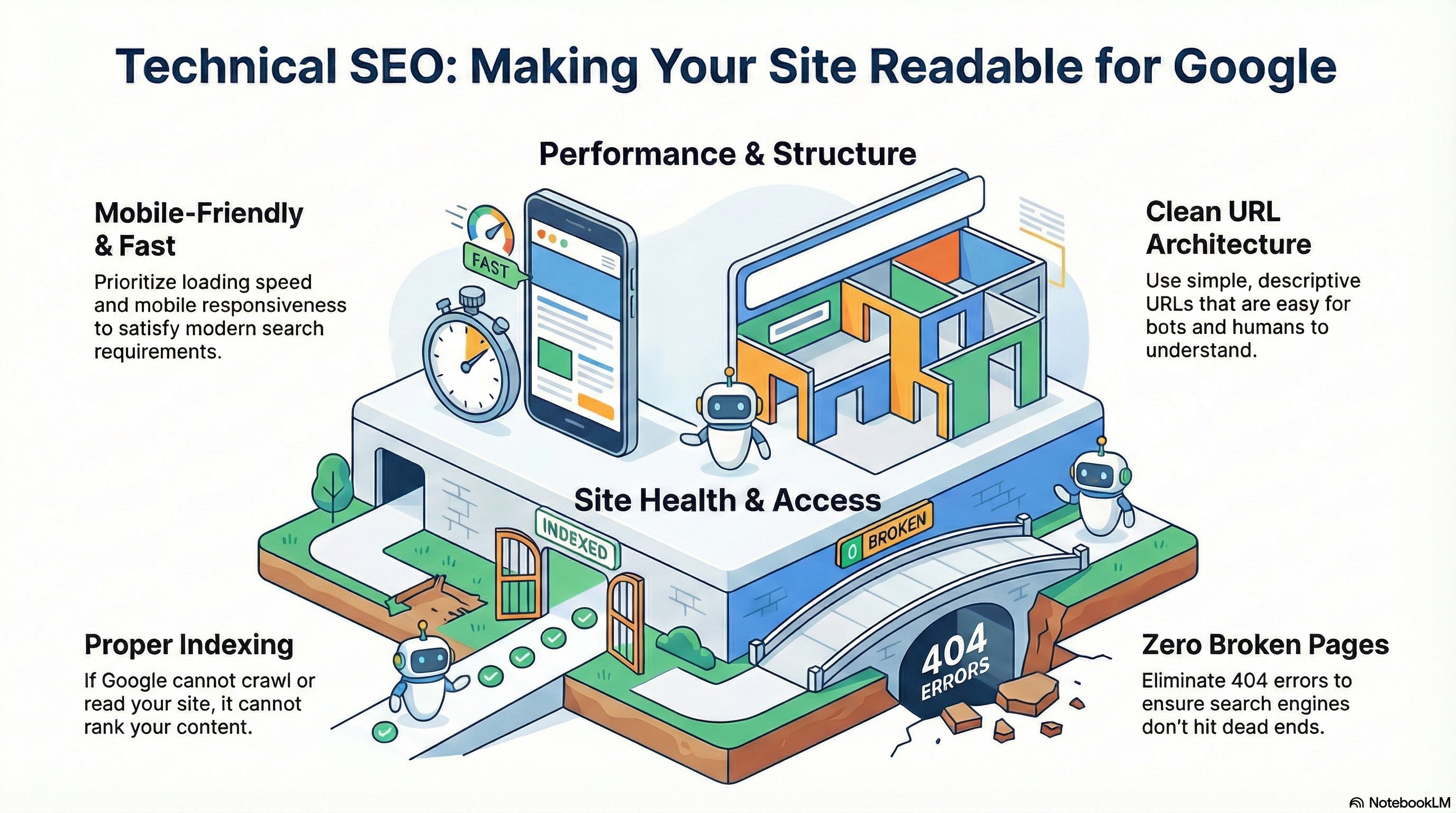This image explains Technical SEO and how to make a website readable for Google, focusing on the foundational elements that allow search engines to crawl, index, and rank pages efficiently. It highlights performance and structure as core technical SEO pillars, emphasizing mobile-friendly design and fast page speed to meet modern search and user experience requirements. The visual also stresses clean URL architecture, using simple, descriptive URLs that are easy for both users and search engine bots to understand. Key site health factors are shown, including proper indexing, ensuring Google can access and process content correctly, and eliminating broken pages and 404 errors to avoid crawl dead ends. Together, these technical SEO best practices improve crawlability, indexability, site health, and Core Web Vitals, making them essential for achieving consistent organic rankings and long-term search visibility.
