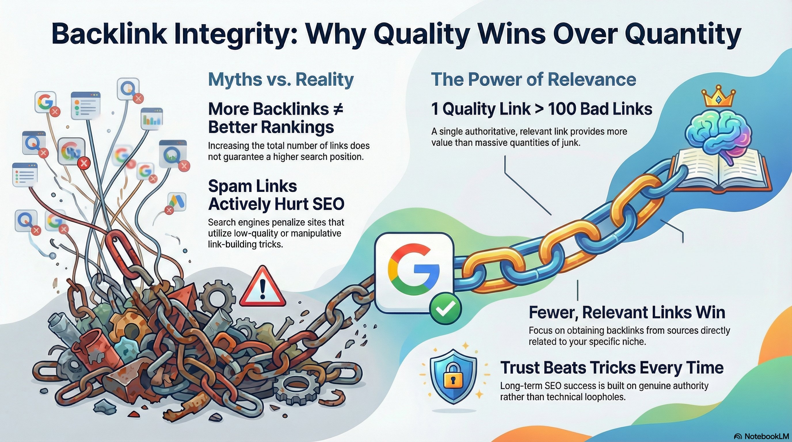 This image explains backlink integrity and why link quality matters more than quantity in SEO. It breaks common backlink myths vs reality, showing that more backlinks do not automatically lead to higher rankings and that spammy or manipulative links can actively harm SEO performance. The visual highlights the power of relevance, emphasizing that one high-quality, authoritative backlink from a relevant website can provide more ranking value than hundreds of low-quality links. It reinforces that fewer, niche-relevant backlinks build stronger trust signals with search engines. The concept of trust over tricks is central, illustrating that long-term SEO success depends on genuine authority, relevance, and credibility rather than link schemes. This framework supports core SEO principles such as quality backlinks, natural link building, link relevance, domain authority, and Google trust signals, making it essential for sustainable organic search growth.