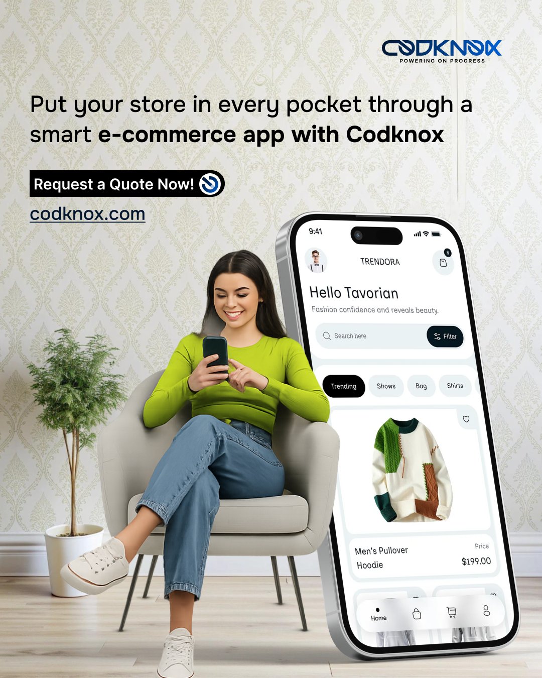 An infographic image with text "Put your store in every pocket through a smart e commerce app with codknox"