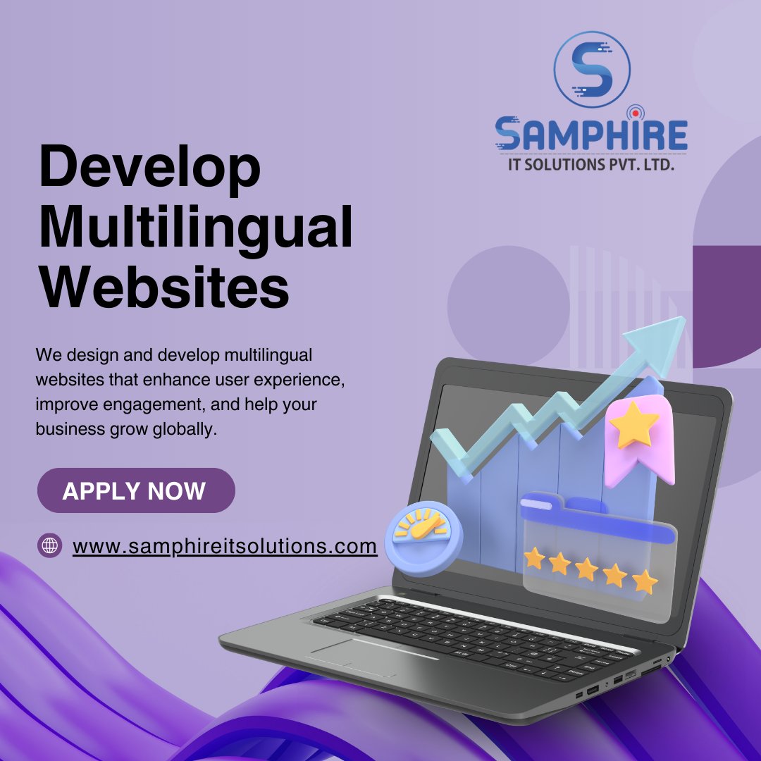 Graphic highlighting multilingual website development, showing multiple language options and global connectivity, promoting Samphire IT Solutions’ web development services for reaching a worldwide audience.