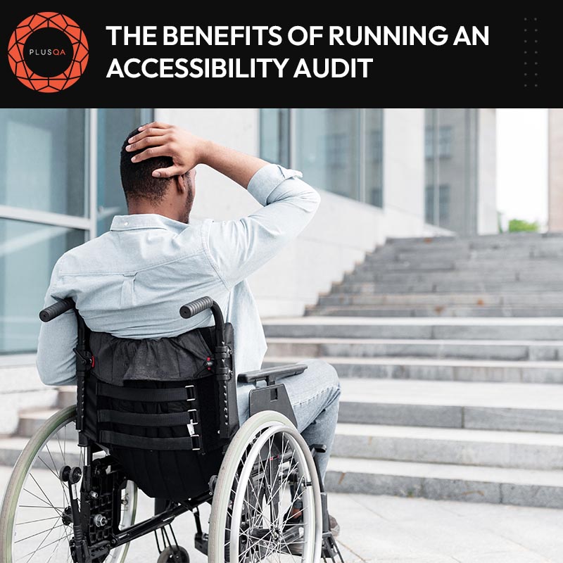 Frustrated man in wheelchair in front of inaccessible staircase.
