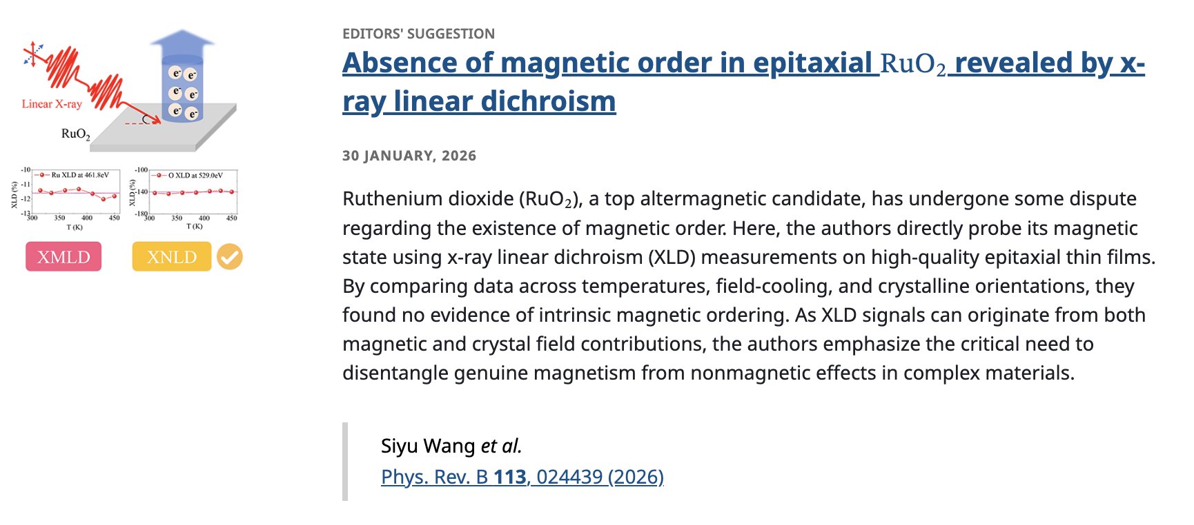 EDITORS' SUGGESTION
Absence of magnetic order in epitaxial RuO2 revealed by x-ray linear dichroism
30 January, 2026
Ruthenium dioxide (RuO2), a top altermagnetic candidate, has undergone some dispute regarding the existence of magnetic order. Here, the authors directly probe its magnetic state using x-ray linear dichroism (XLD) measurements on high-quality epitaxial thin films. By comparing data across temperatures, field-cooling, and crystalline orientations, they found no evidence of intrinsic magnetic ordering. As XLD signals can originate from both magnetic and crystal field contributions, the authors emphasize the critical need to disentangle genuine magnetism from nonmagnetic effects in complex materials.

Siyu Wang et al.
Phys. Rev. B 113, 024439 (2026)