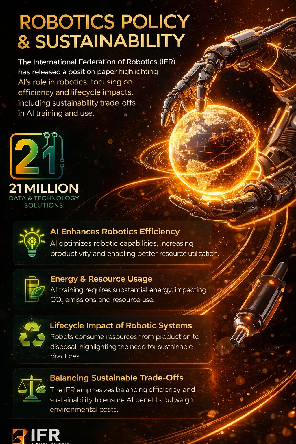 AI is transforming robotics efficiency, but sustainability matters. The International Federation of Robotics highlights the need to balance performance, energy use, and full lifecycle impact — ensuring intelligent machines deliver progress without compromising the planet.