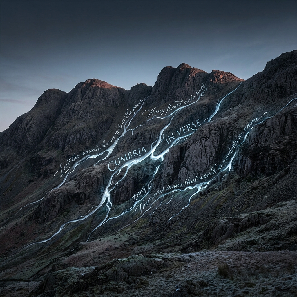 A dramatic, wide-angle shot of the Langdale Pikes at twilight, with ethereal glowing lines of poetic text weaving through the craggy rock faces like silver veins. The style is a fusion of gritty, hyper-realistic landscape photography and sharp modern typography, featuring a palette of cool blues, deep charcoals, and shimmering mercury.