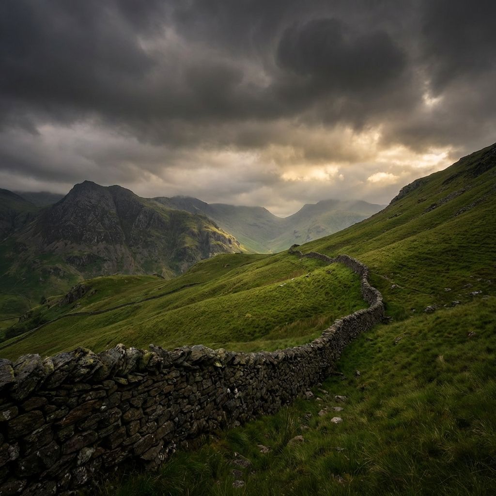 A dramatic, wide-angle view of a Cumbrian stone wall snaking up a steep, emerald-green hillside under a heavy, brooding sky. The lighting is cinematic, with "god rays" breaking through dark clouds to illuminate the rugged textures of the crags, rendered in a sharp, high-contrast photographic style that emphasizes the weight of history in the landscape.