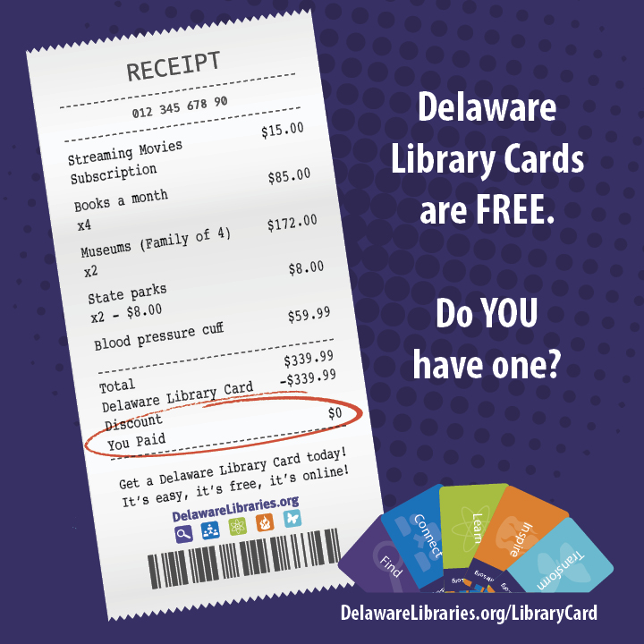 Receipt showing $339.99 worth of services discounted to $0 with a Delaware Library Card.