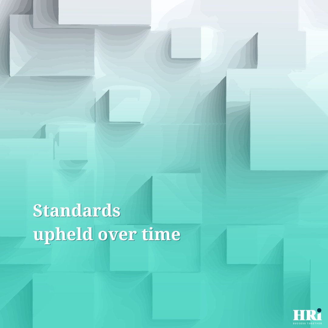 Abstract layered geometric shapes in soft teal and neutral tones with the text ‘Standards upheld over time’, representing consistent professional practice over time