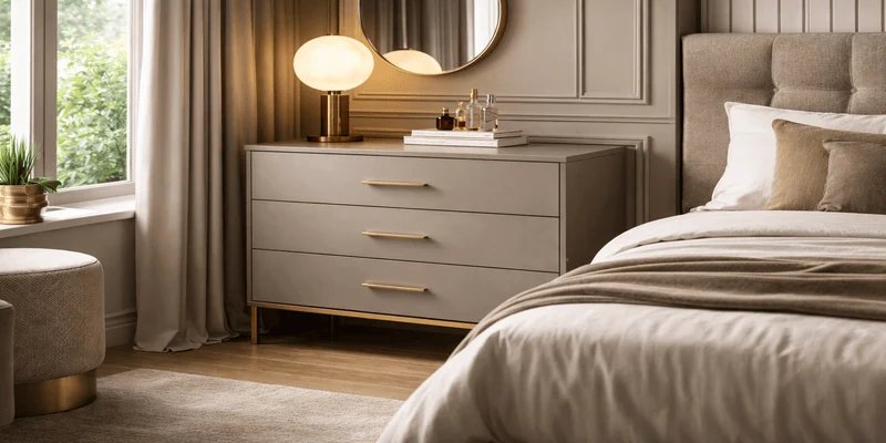 Luxury 3 drawer dresser in compact European bedroom with elegant minimalist interior design