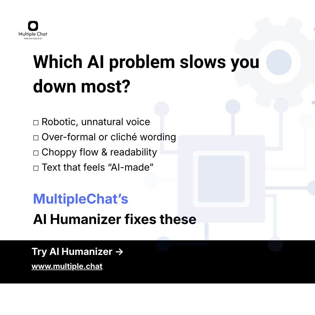 A question asking which AI problem slows people down most with four checkboxes: robotic voice, over-formal wording, choppy flow, or text that feels AI-made. Below is “MultipleChat’s AI Humanizer fixes these.”