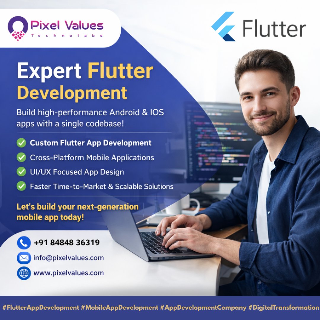 Build powerful, high-performance Android & iOS applications using a single codebase with Pixel Values Technolabs. From custom app development to scalable mobile solutions — we help startups and enterprises launch faster and smarter.
✅ Custom Flutter App Development
✅ Cross-Platform Mobile Applications
✅ UI/UX Focused Design
✅ Fast, Scalable & Future-Ready Solutions
📱 Let’s build your next-generation mobile app today!
#FlutterAppDevelopment #MobileAppDevelopment #AppDevelopmentCompany #DigitalTransformation #FlutterDevelopment #CrossPlatformApps #AndroidAppDevelopment #iOSAppDevelopment #CustomAppDevelopment #UIUXDesign #TechSolutions #SoftwareDevelopment #StartupTech #BusinessApps #ScalableApps #MobileAppDesign #ITServicesIndia #FlutterDevelopers #NextGenApps #PixelValuesTechnolabs