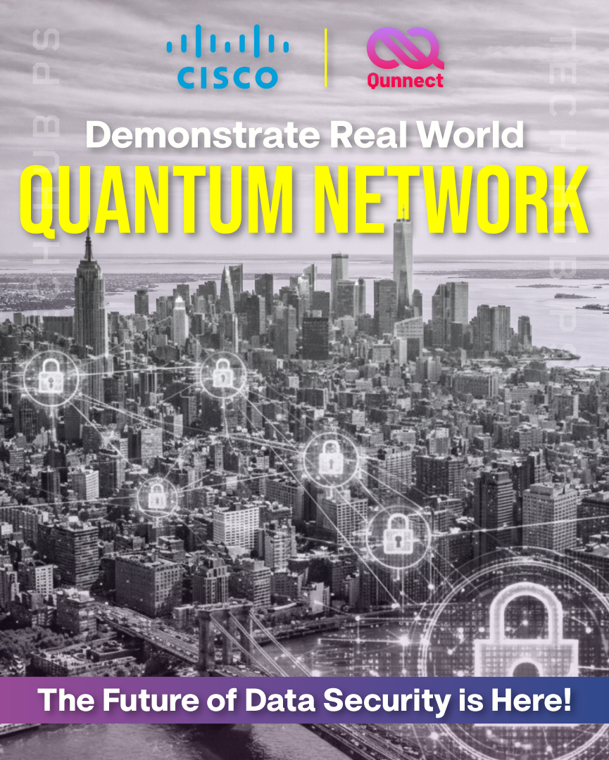 City skyline with secure network icons illustrating Cisco and Qunnect’s real-world quantum network over fiber optics in New York City.