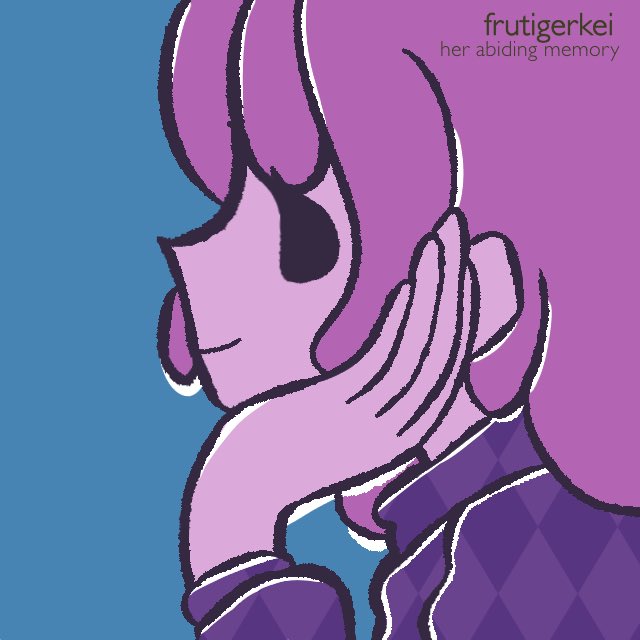 The album cover of pitcher56’s “her abiding memory”, with fanart of a gijinka of Q from Problems and Solutions replacing the girl on the cover.