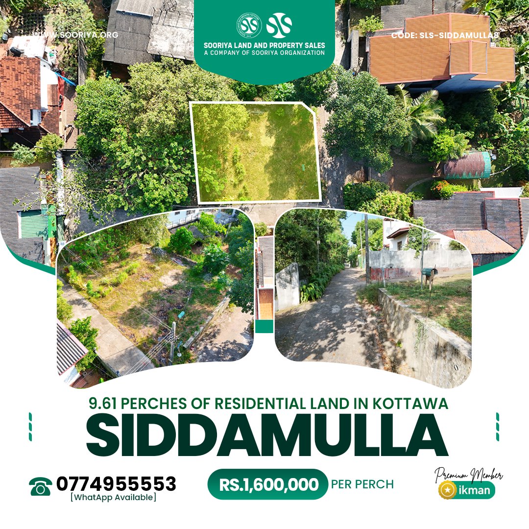 🚩 A valuable property located in a fast-developing residential neighborhood, offering excellent accessibility and a peaceful environment—ideal for building a comfortable family home or securing a promising future investment close to key town facilities. Easy access, utilities, and clear ownership make this land ready for immediate development.

• 9.61 perches of residential land located along Kottawa – Piliyandala Road, Siddamulla
• Only 200m to Piliyandala main road, 3km to Kottawa Town, and 5km to Piliyandala Town
• Dual access via 20ft and 10ft roads ensures convenient entry and smooth vehicle movement
• Electricity and water connections already available, with clearly defined boundaries
• Clear Bimsaviya deed with first-class ownership granted to the current owner

🔴 Price: Rs. 15.5 Million (Negotiable)

Call now! 0706955553/0774955553 [WhatsApp Available]

Check this out on ikman: https://ikman.lk/en/ad/land-for-sale-in-siddamulla-for-sale-colombo-25