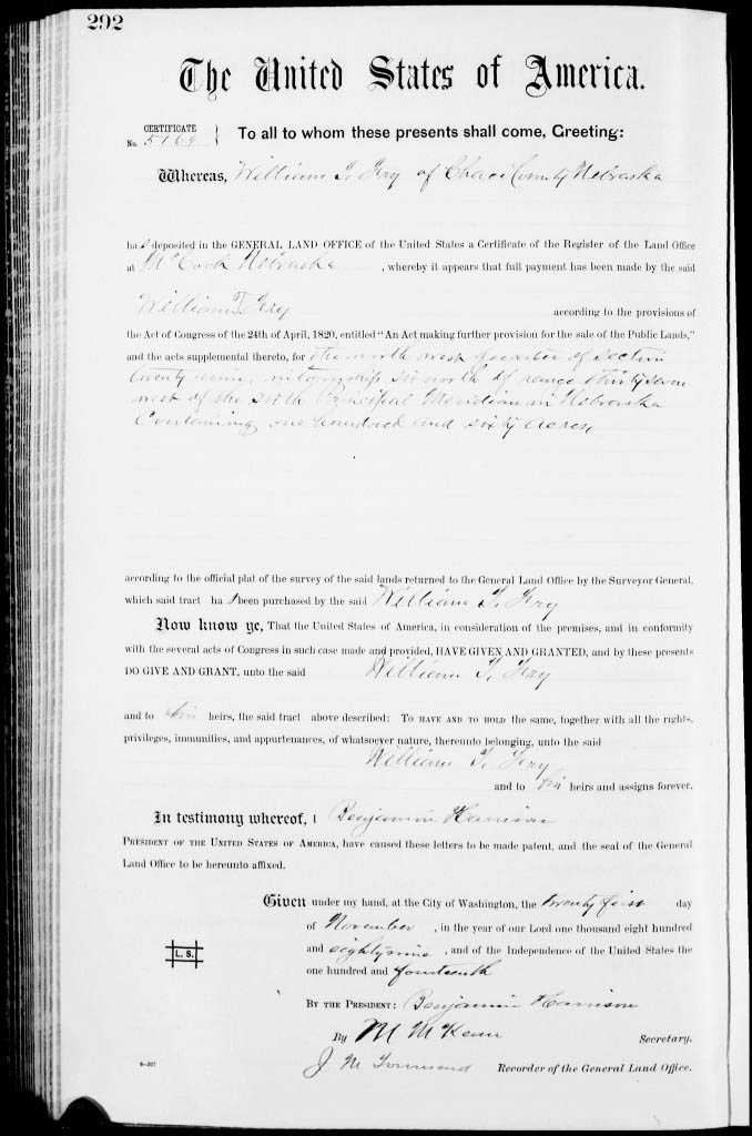 Black and white photo of William T Fry’s land patent issued by the McCook Land office in Nebraska. In both cursive and print, states that 160 acres in Chase County, Nebraska were issued to Fry by sale/cash entry on November 21st, 1889. 