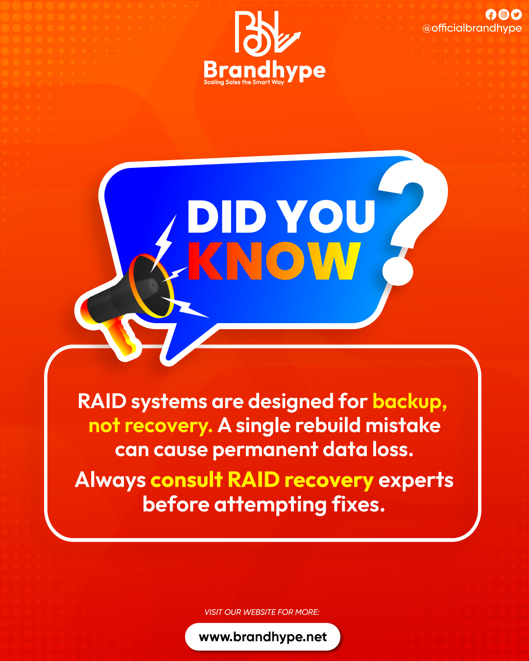 RAID data recovery services graphic highlighting risks of RAID rebuild errors and advising consultation with RAID data recovery experts to prevent permanent data loss.