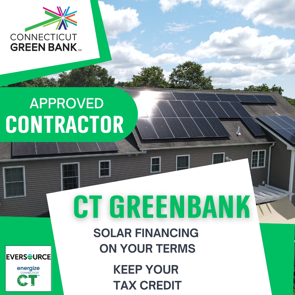 Promotional graphic highlighting Premier Improvements as a Connecticut Green Bank approved contractor offering flexible solar financing options. The image features a residential rooftop solar installation along with CT Green Bank, Eversource, and Energize Connecticut branding, emphasizing trusted financing solutions that help homeowners go solar while keeping their tax credit.