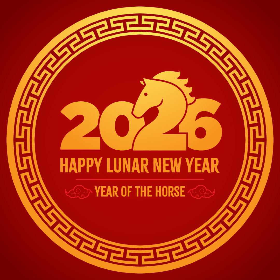 2026 Lunar New Year greeting featuring a horse silhouette integrated into the year number on a red and gold decorative background.
