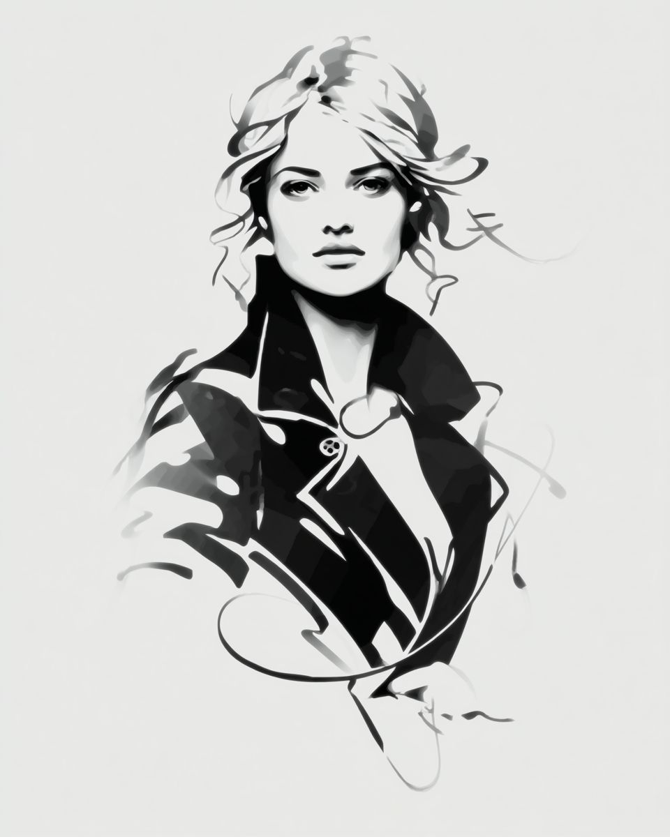 Black-and-white, ink-wash style portrait of a woman with loosely windswept hair, a calm expression, and a high-collared coat, rendered with bold brush strokes on a light background.