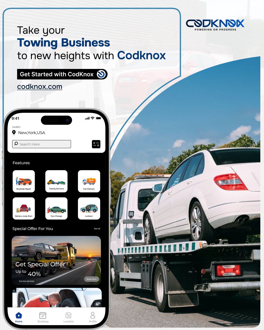 An infographic image with text "Take your Towing Business to new heights with Codknox"
