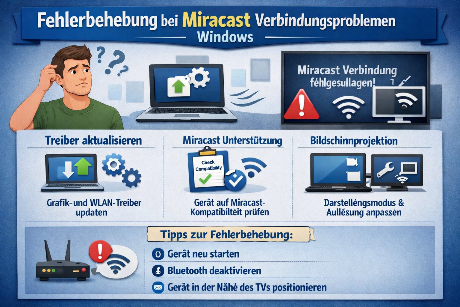 Miracast ist praktisch: Mit wenigen Klicks den Windows-Bildschirm drahtlos auf den TV spiegeln – ganz ohne Kabel. In der Realität sieht es aber oft anders aus. Verbindungsabbrüche, schwarze Bildschirme oder die Meldung „Verbindung fehlgeschlagen“ gehören für viele Nutzer zum Alltag. Genau deshalb habe ich diesen Guide geschrieben. In dieser Anleitung zur Fehlerbehebung bei Miracast Verbindungsproblemen Windows zeige ich dir Schritt für Schritt, wie du typische Fehler erkennst und behebst – verständlich, praxisnah und ohne Technik-Chaos.