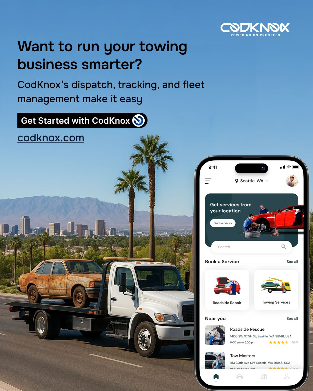 An infographic image with text "Want to run your towing business smarter? Codknox's dispatch, tracking and fleet management make it easy"
