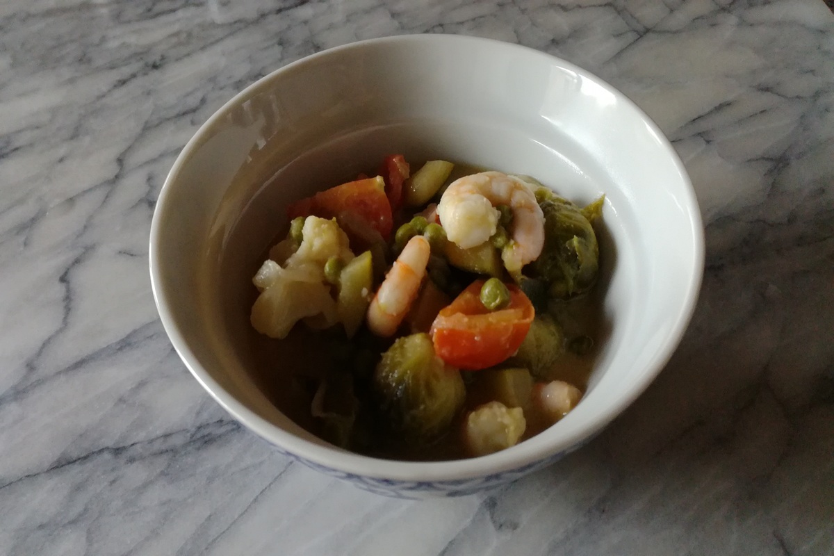 Bol, crevettes, curry, légumes, lait de coco, ig bas