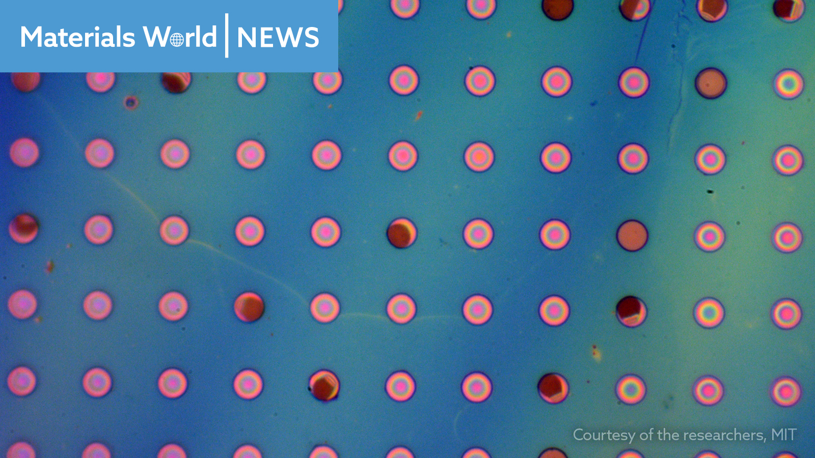 An optical micrograph showing how the bubble-filled polymer films form colourful spots when suspended over microwells
Credit: Courtesy of the researchers/MIT