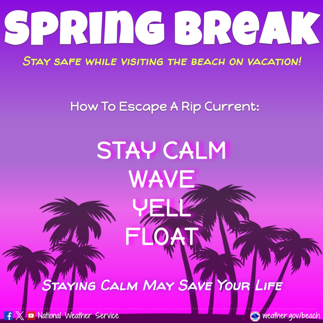 Tips to escape a rip current are provided alongside a visual of swaying palm trees in front of a purple sunset with a brightly-colored title stating SPRING BREAK: Stay Safe While Visiting The Beach On Vacation.

How To Escape A Rip Current: Stay Calm. Wave. Yell. Float.

Staying calm may save your life!