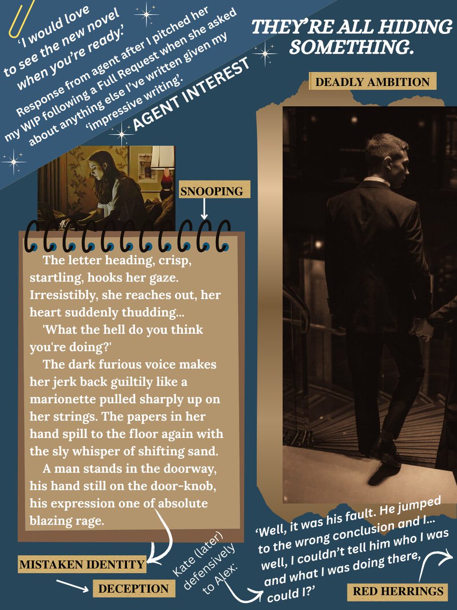 AGENT INTEREST in my WIP after a full request.

THEY'RE ALL HIDING SOMETHING. SO IS SHE.

'I would love to see the new novel when you're ready.' - 

Response from agent after I pitched her my WIP following a Full Request when she asked about anything else I've written given my 'impressive writing'.

Snippets of dialogue
The letter heading, crisp, startling, hooks her gaze. Irresistibly, she reaches out, her heart suddenly thudding...
'What the hell do you think you're doing?'
The dark furious voice makes her jerk back guiltily like a marionette pulled sharply up on her strings. The papers in her hand spill to the floor again with the sly whisper of shifting sand.
A man stands in the doorway, his hand still on the door-knob, his expression one of absolute blazing rage.

Kate (later) defensively to Alex:
Well, it was his fault. He jumped to the wrong conclusion and I…well, I couldn’t tell him who I was and what I was doing there, could I?’