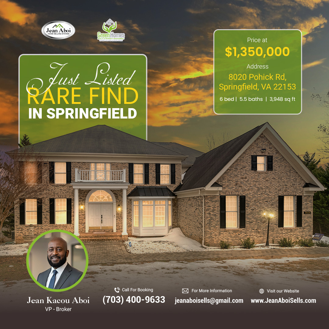 Front exterior of large colonial estate home in Springfield Virginia with landscaped yard and private setting.