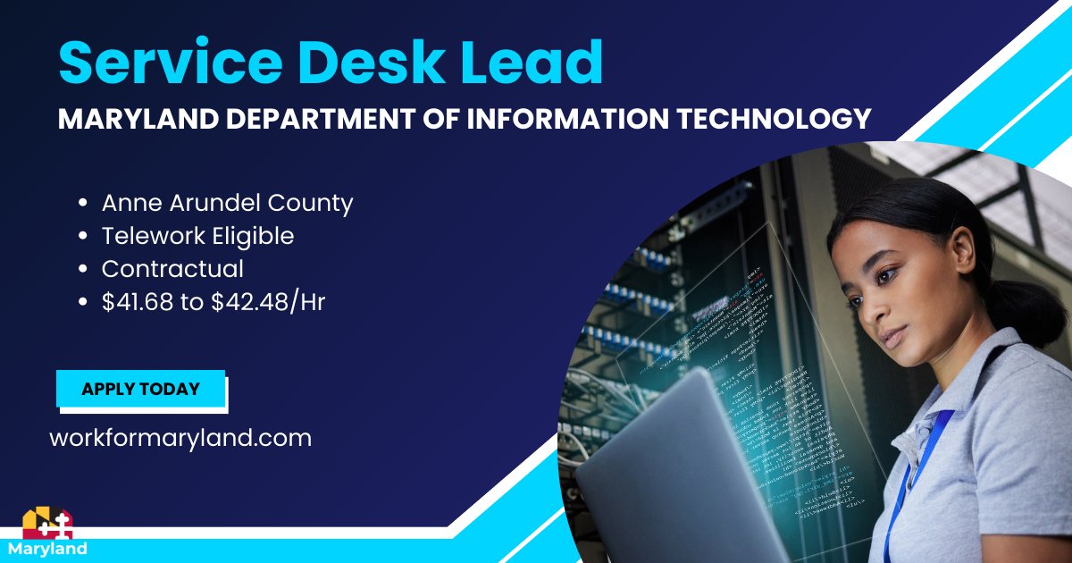 Service Desk Lead
Maryland Department of Information Technology
Anne Arundel County
Telework Eligible
Contractual
$41.68 to $42.48/hr
apply today
workformaryland.com