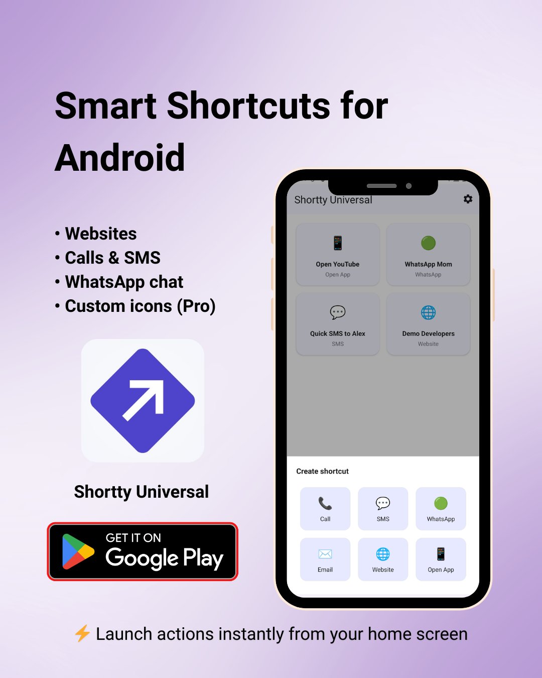 Create smart shortcuts for websites, calls, SMS, WhatsApp, and apps — all from your home screen ⚡