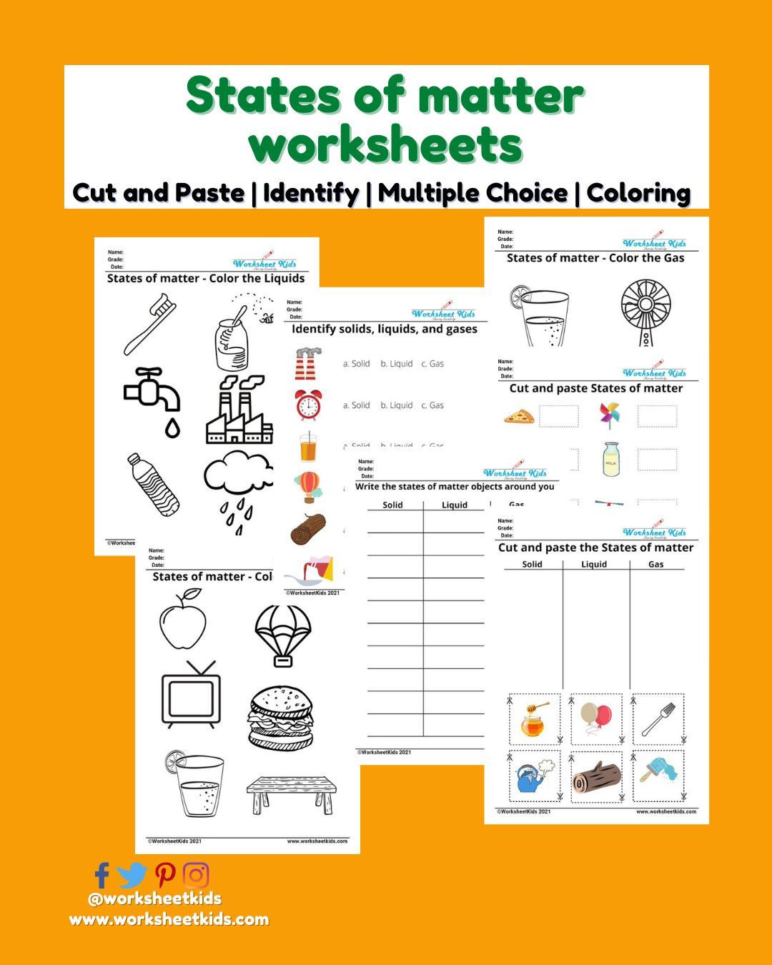 Free printable states of matter solid liquid gas science worksheets PDF for elementary kids