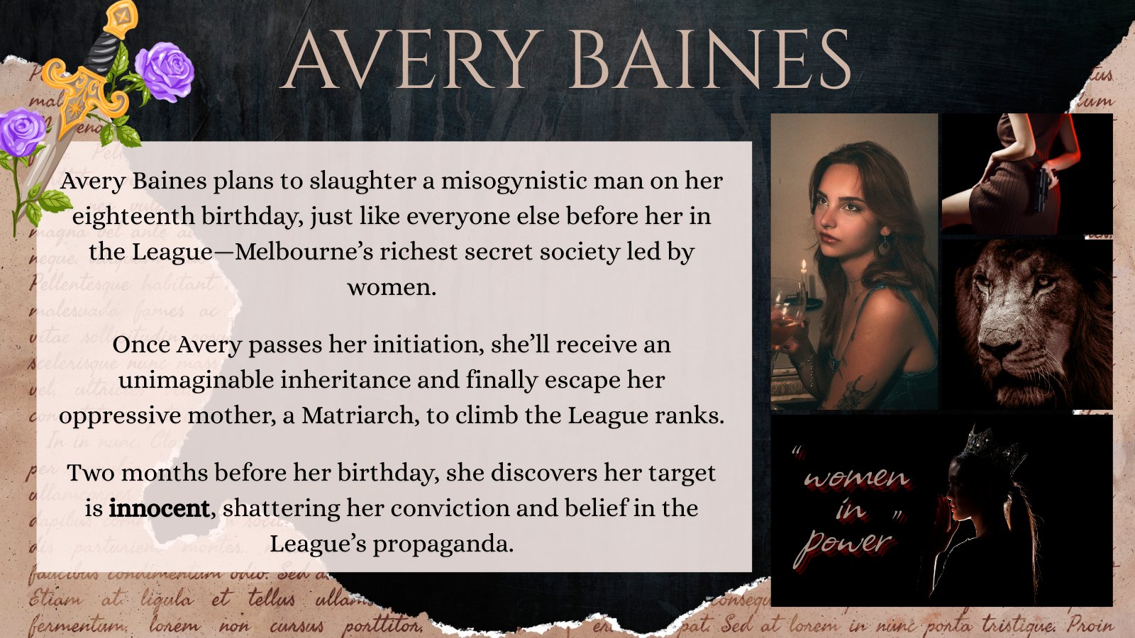 Dark background with collage of feminine power images and a block of black text over a cream rectangle