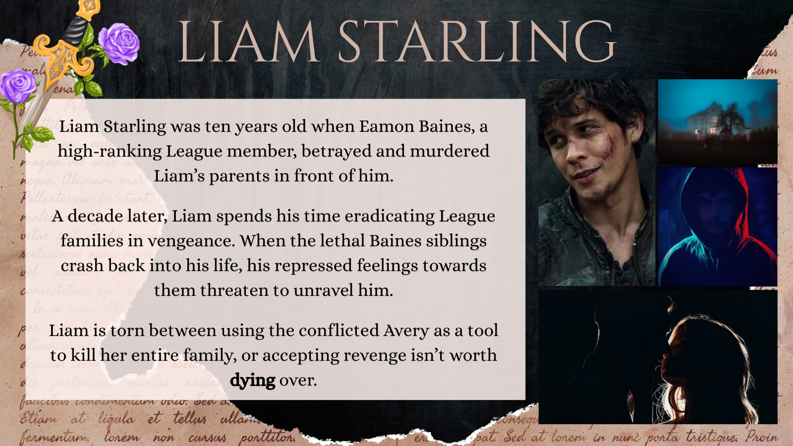 Dark background with collage of male power images and a block of black text over a cream rectangle