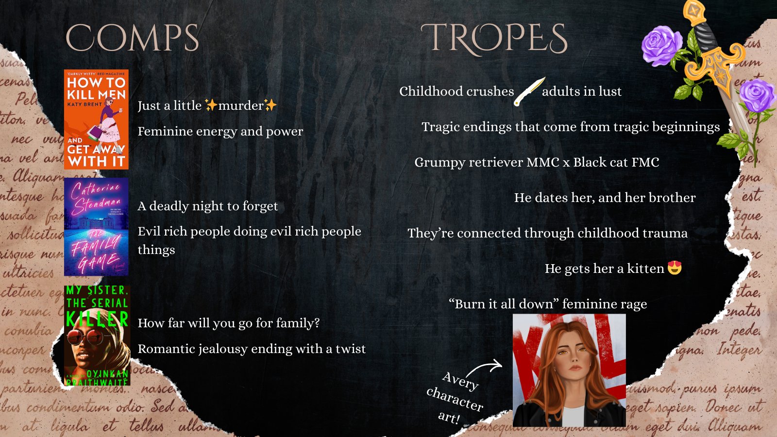 Dark background with cream text and book covers