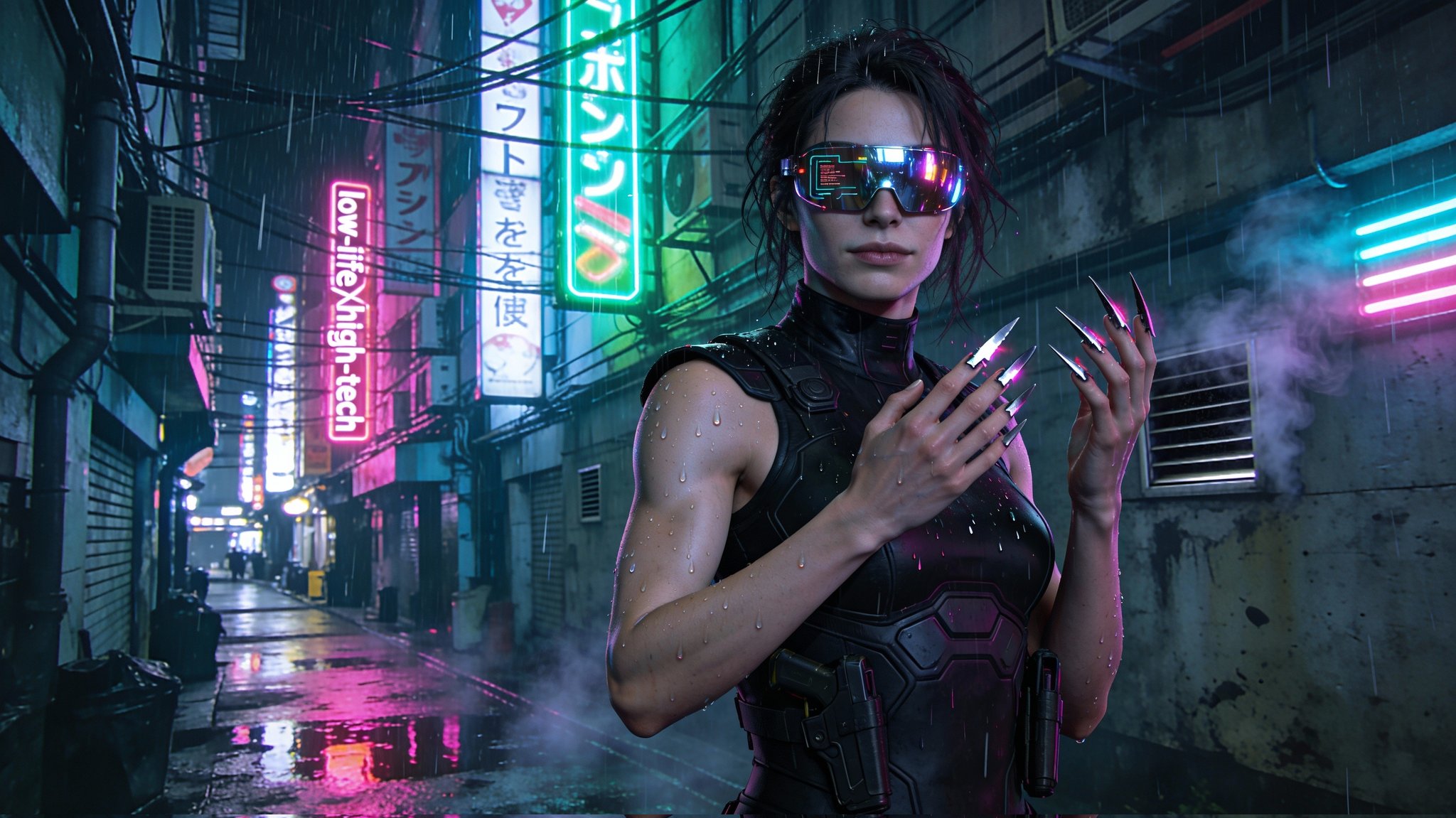 A picture of Molly, the leader of Exploradores Eternos, wearing a black suit and electronic glasses, somewhere at the suburbs of New Tokyo, at night over rain. In the background we can see some neon green and pink brands written in English and Korean.
