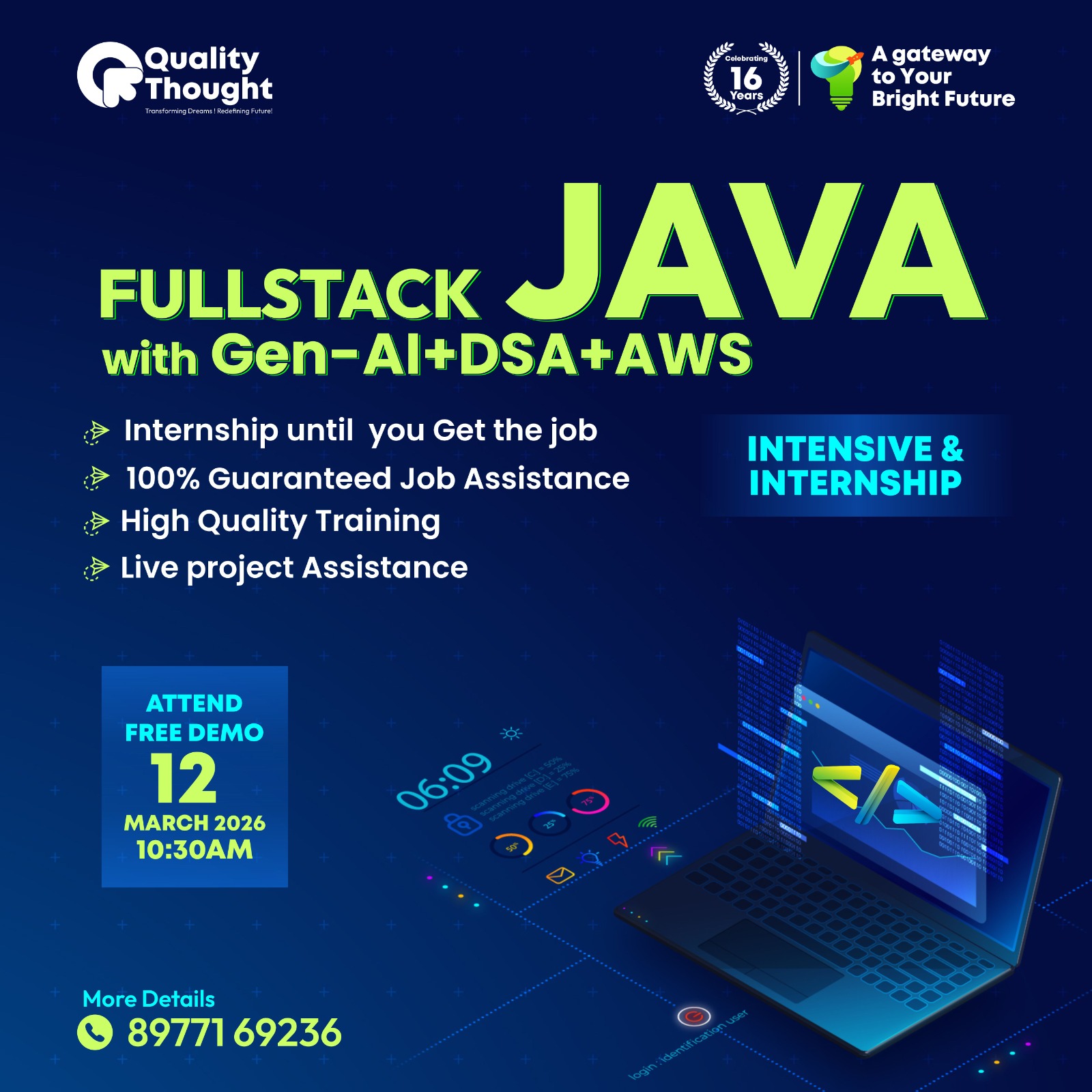 Full Stack Java with Gen-AI, DSA and AWS free demo at Quality Thought on 12th March 2026 at 10:30 AM, inviting students to build AI-powered, cloud-ready applications.