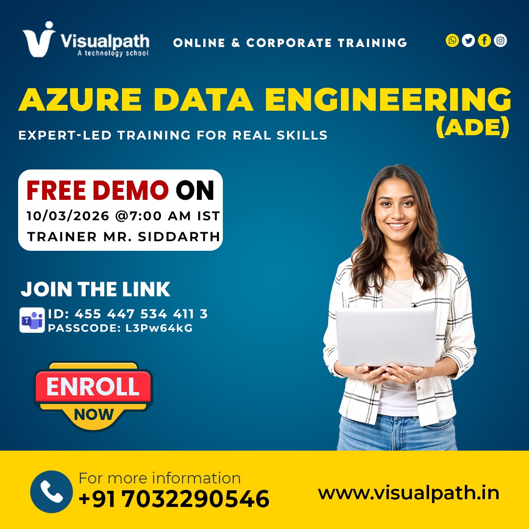 ☁️ Explore how modern data pipelines are built using Microsoft Azure.
👨🏫 Trainer: Mr. Siddarth
📅 Date: 10/03/2026 (Tuesday)
⏰ Time: 7:00 AM IST
🔗 Join Live: https://bit.ly/47wvlCU
🆔 Meeting ID: 455 447 534 411 3
🔐 Passcode: L3Pw64kG
What you will explore in this demo
• Overview of Azure Data Engineering concepts
• Building data pipelines on Azure cloud
• Working with modern data processing tools
• Understanding real-world data engineering workflows