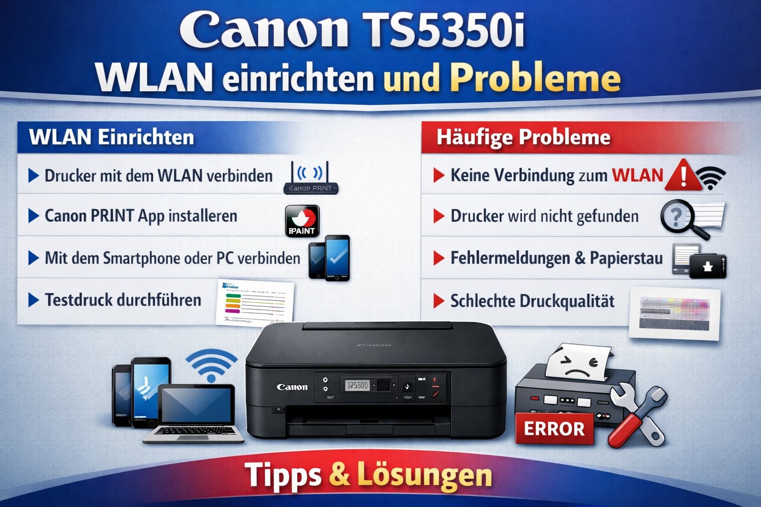 Wenn dein Drucker plötzlich offline ist oder sich nicht mit dem WLAN verbinden will, fühlt sich das im Alltag mega nervig an. Genau hier setzt dieser Guide an. In dieser Anleitung zeige ich dir, wie du Canon TS5350i WLAN einrichten und Probleme Schritt für Schritt löst – ohne Fachchinesisch, dafür mit praxiserprobten Fixes. Egal ob der Drucker das Netzwerk nicht findet, die Verbindung abbricht oder der Druckauftrag hängen bleibt: Du bekommst hier die Lösungen, die wirklich helfen.