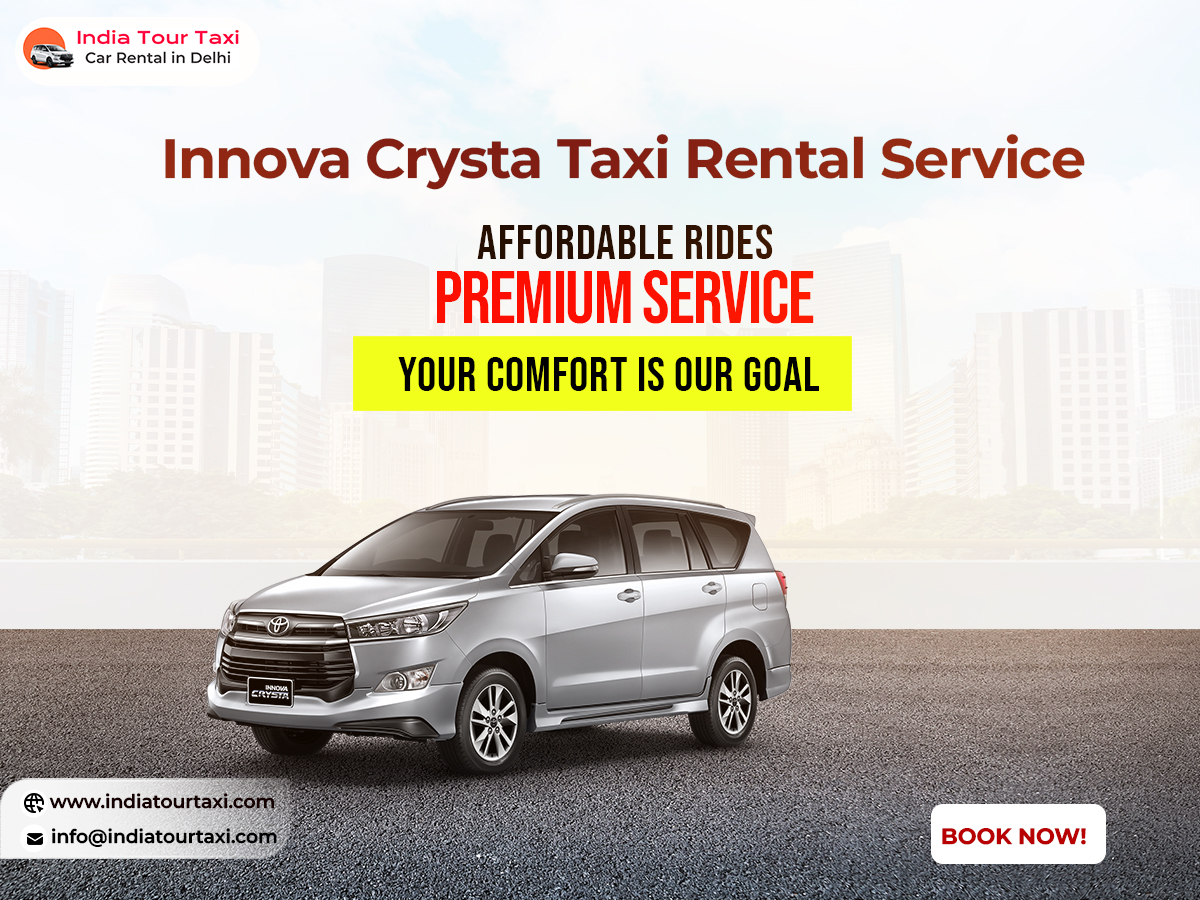 The image is a promotional advertisement for India Tour Taxi's rental services in Delhi. It features a sleek, silver Toyota Innova Crysta SUV positioned in the center. The background is a bright, high-key cityscape with modern skyscrapers faded into a white mist. At the top left, the company logo 'India Tour Taxi - Car Rental in Delhi' is visible. Bold, dark red and black text at the top reads 'Innova Crysta Taxi Rental Service' followed by 'Affordable Rides' and 'Premium Service' in red. A prominent yellow rectangular bar contains the text 'YOUR COMFORT IS OUR GOAL' in black capital letters. The bottom of the image includes contact information: the website www.indiatourtaxi.com, the email info@indiatourtaxi.com, and a rounded white 'BOOK NOW!' button in the bottom right corner. The overall design is clean, professional, and focused on luxury transportation.