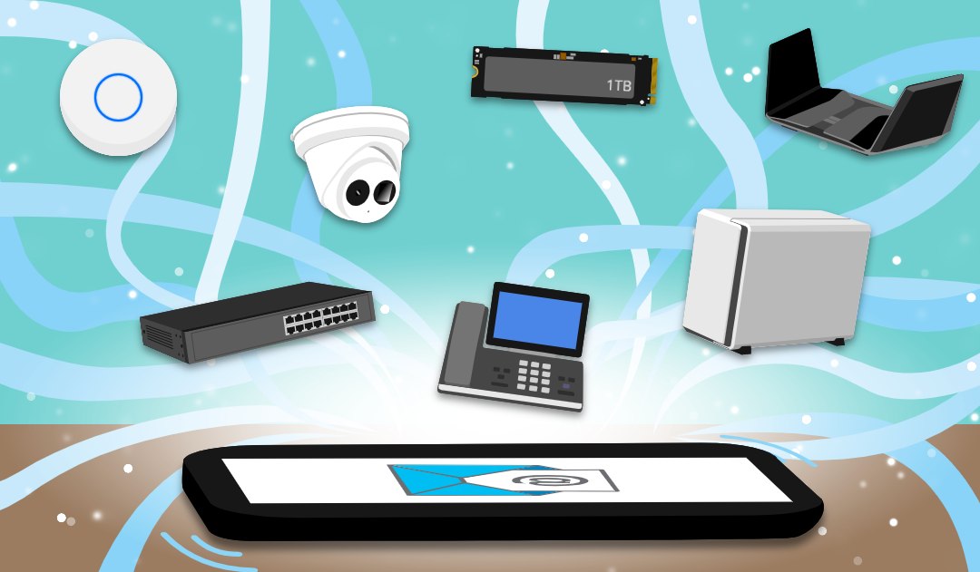 Illustration of networking equipment and a mobile phone on a stylised blue background.