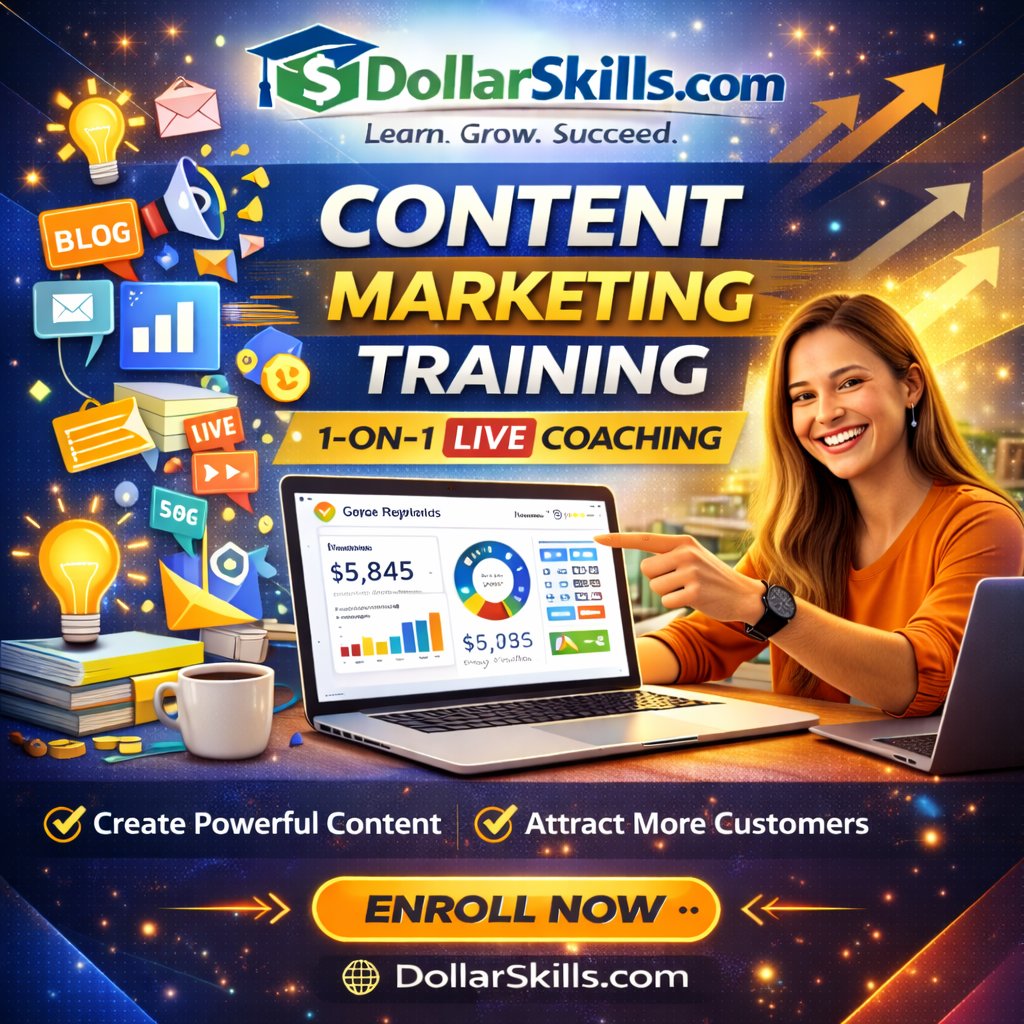 Content marketing course banner featuring editorial calendar dashboard, content performance analytics, and audience engagement strategy tools for business owners, entrepreneurs, and working professionals