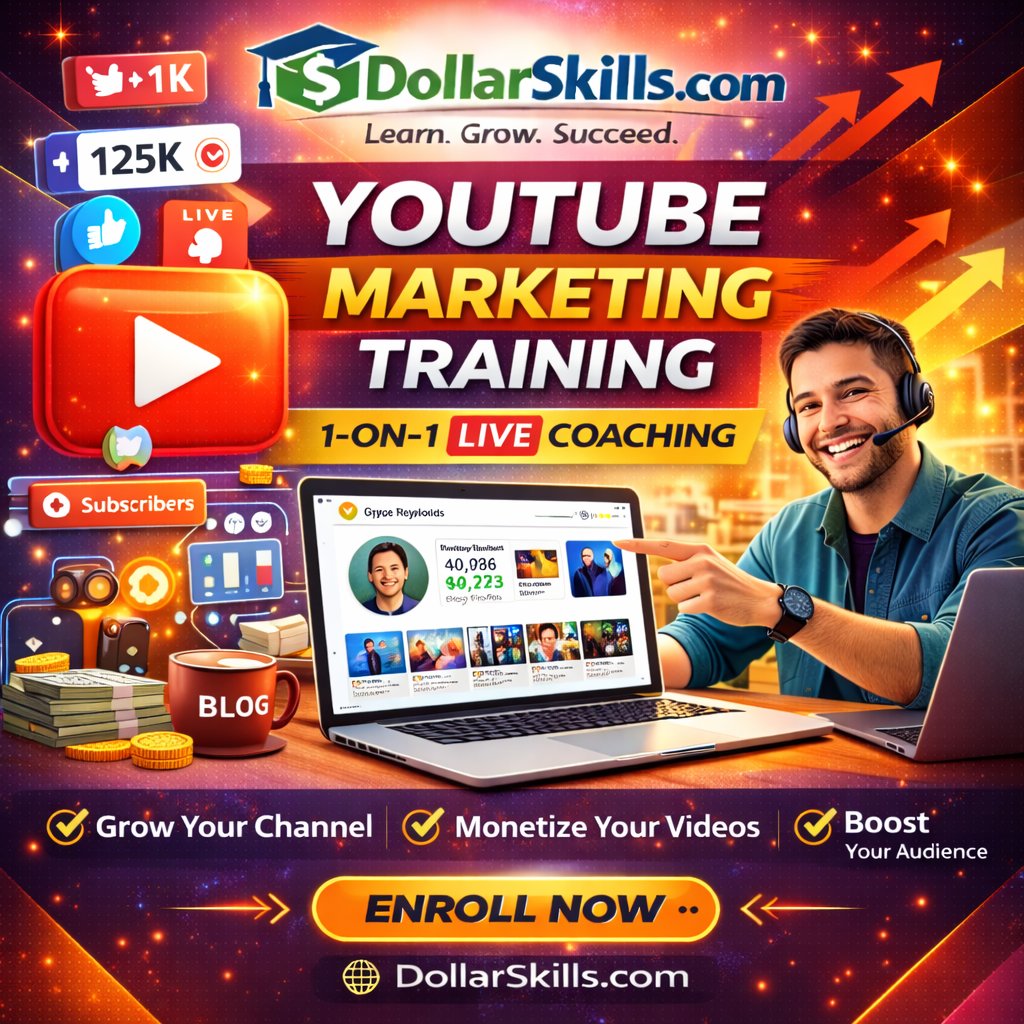 YouTube marketing course banner featuring channel analytics dashboard, video performance metrics, and audience growth strategy tools for business owners, entrepreneurs, and working professionals