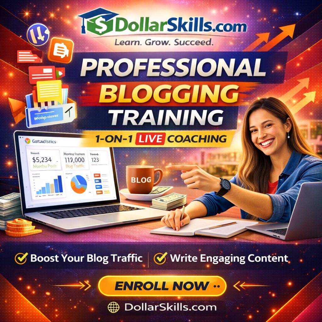 Professional blogging course banner featuring content management dashboard, SEO optimization tools, and website traffic analytics for business owners, entrepreneurs, and working professionals