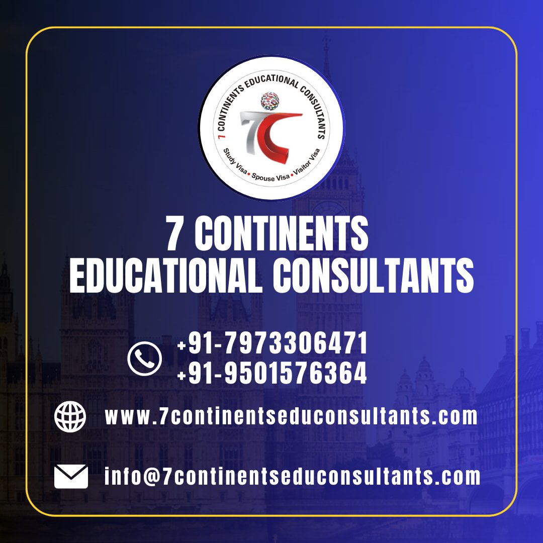 Contact details banner for 7 Continents Educational Consultants displaying phone numbers, website address, email ID, and company logo on a blue London-themed background.