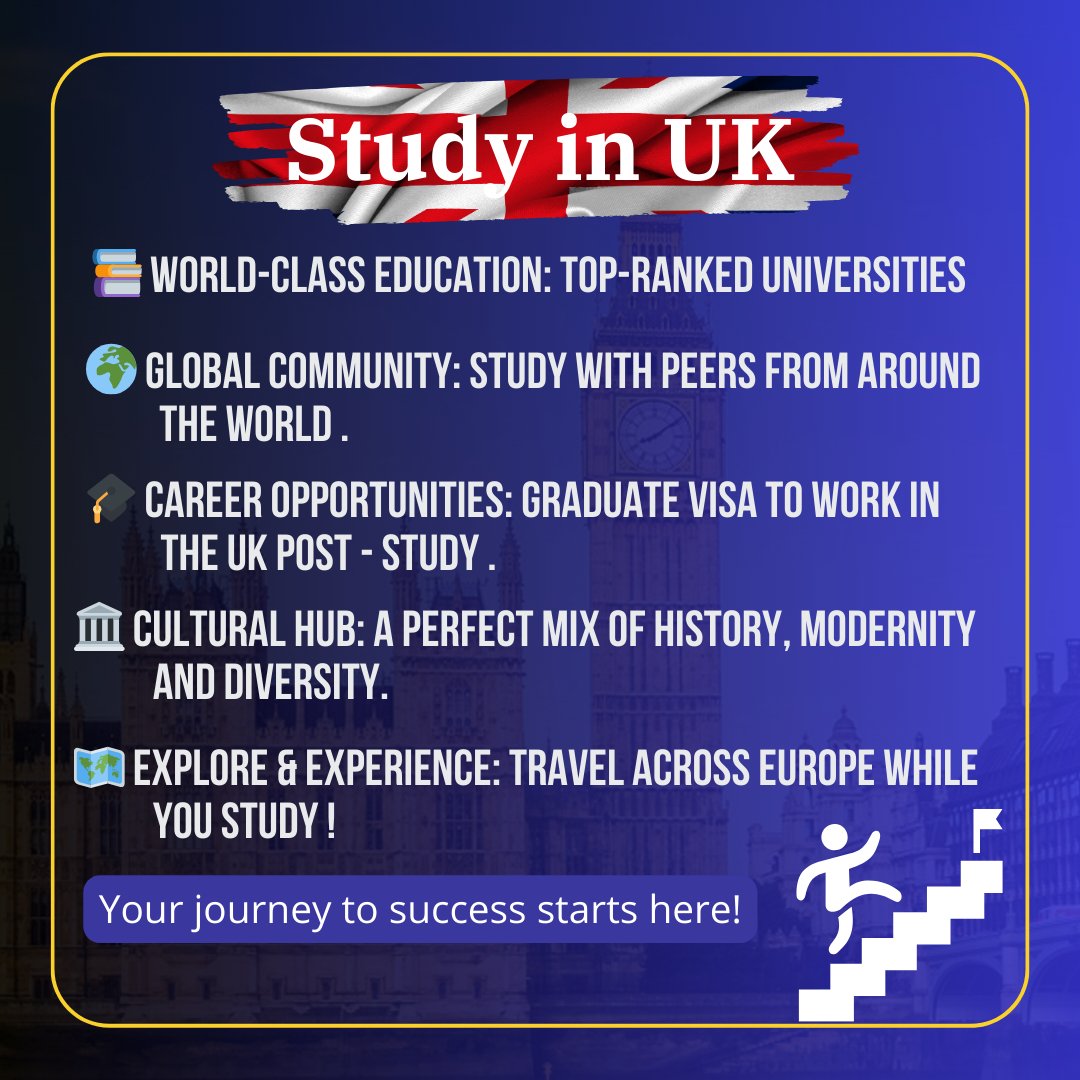 Blue promotional banner with UK flag design and London landmark background listing benefits of studying in the UK including world-class education, global community, career opportunities, cultural diversity, and travel across Europe.
